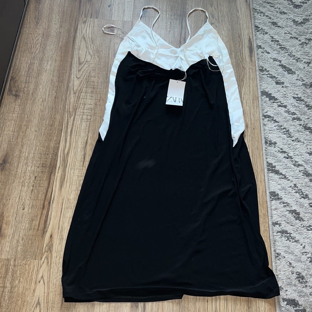 NEW! Zara Two-Toned Black and White Satin Dress - Picture 12 of 13